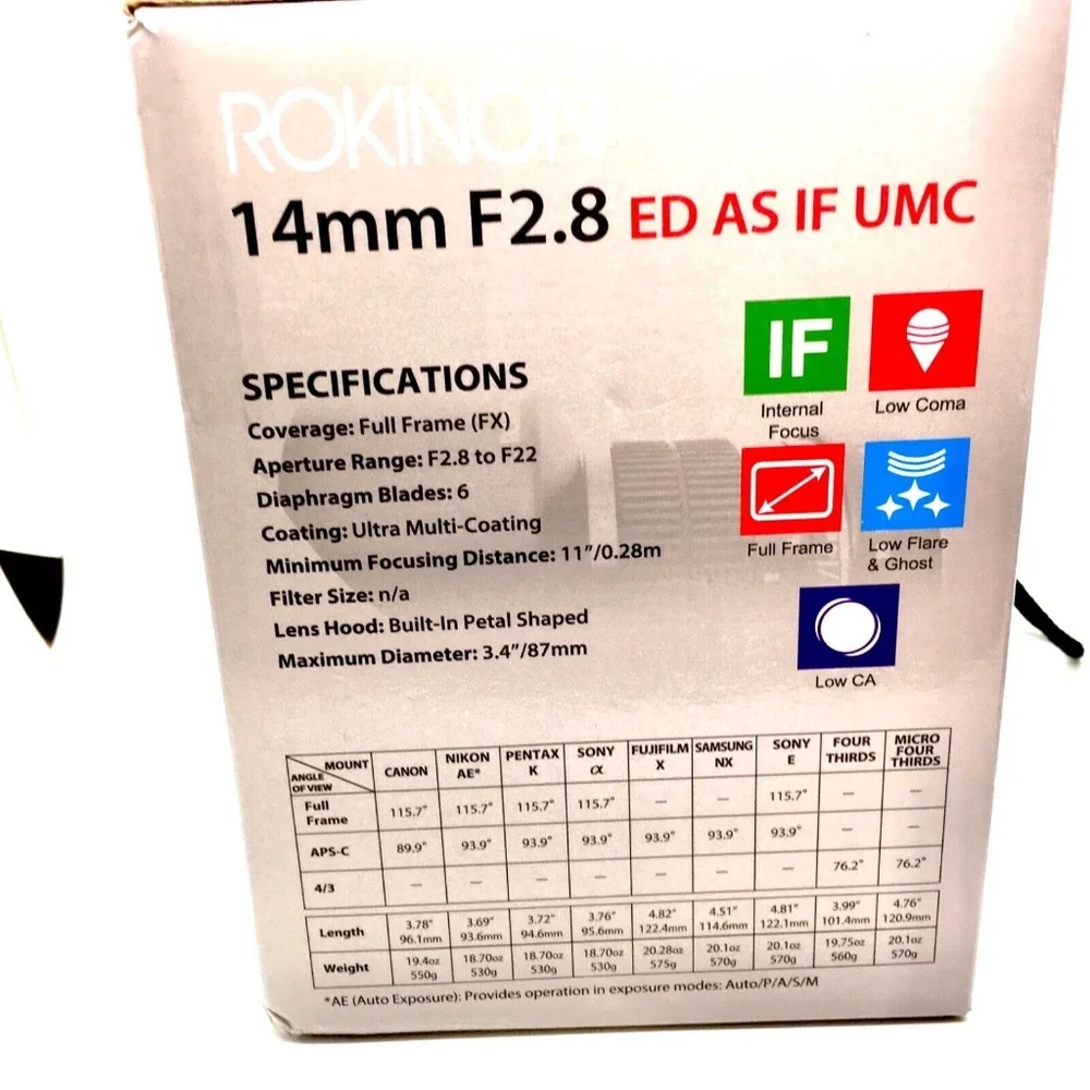 Rokinon 14mm F2.8 ED AS IF UMC Manual Focus Lens + AE Chip for Canon AE Camera